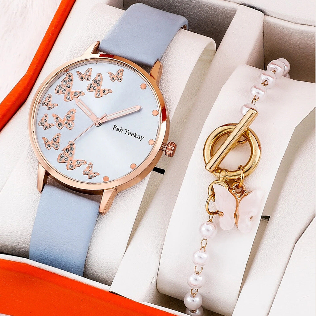 Fashion Lady Temperament Belt Watch Casual Versatile Niche Butterfly Diamond Surface Quartz Watch