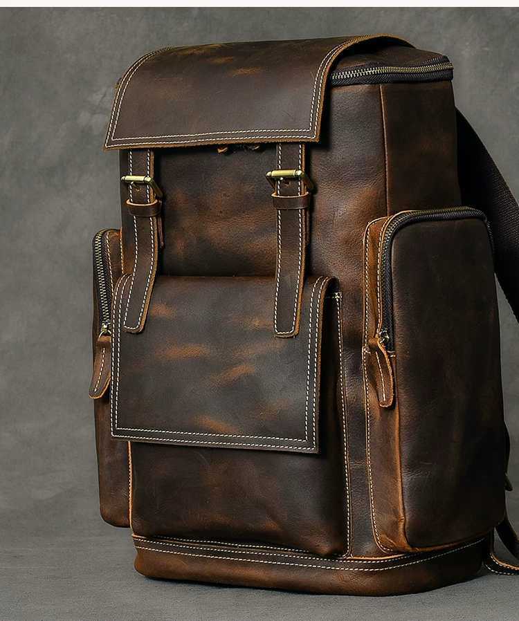 Retro Crazy Horse Leather Mens Backpack male computer bag Large Capacity 15.6 inch laptop bags genuine leather Travel Backpacks