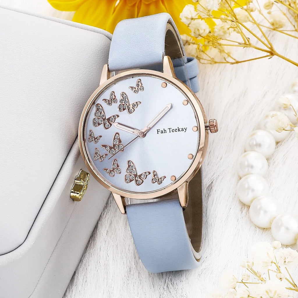 Fashion Lady Temperament Belt Watch Casual Versatile Niche Butterfly Diamond Surface Quartz Watch