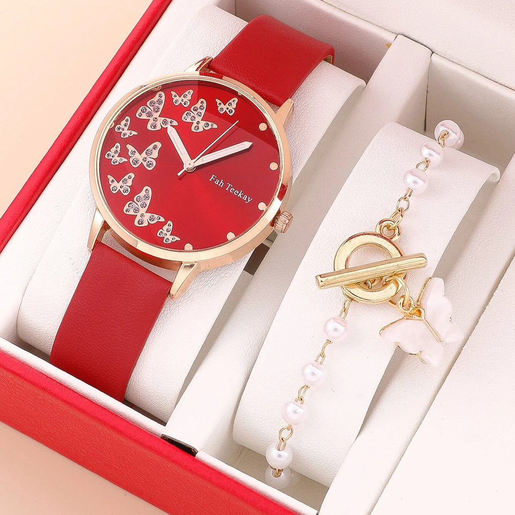 Fashion Lady Temperament Belt Watch Casual Versatile Niche Butterfly Diamond Surface Quartz Watch