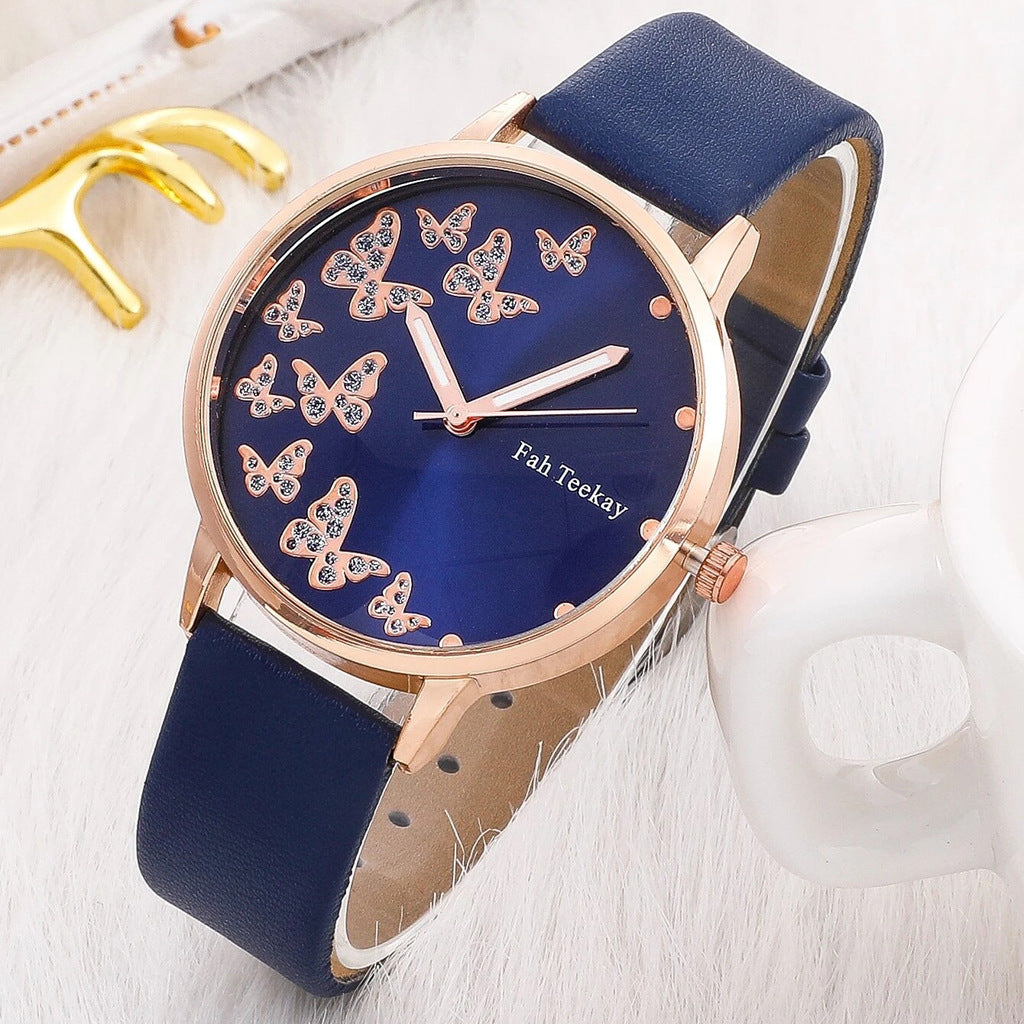 Fashion Lady Temperament Belt Watch Casual Versatile Niche Butterfly Diamond Surface Quartz Watch