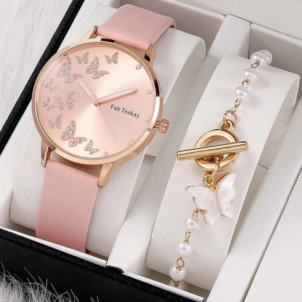 Fashion Lady Temperament Belt Watch Casual Versatile Niche Butterfly Diamond Surface Quartz Watch